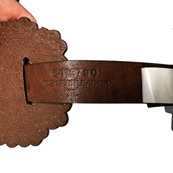 Vintage 80s Leather Concho Belt Brown Silver Hardware Heavy Western Large - Picture 8 of 10